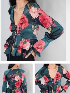 Misa Los Angeles Teal Floral Tie-Front Peplum Blouse with Pink Roses